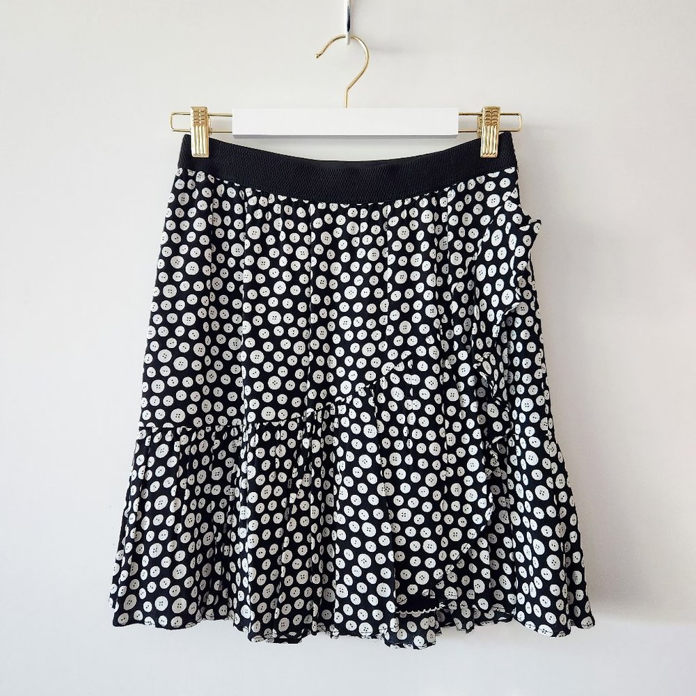 Anthropologie Maeve Ruffled Black and White Button Print Mini Skirt Size S